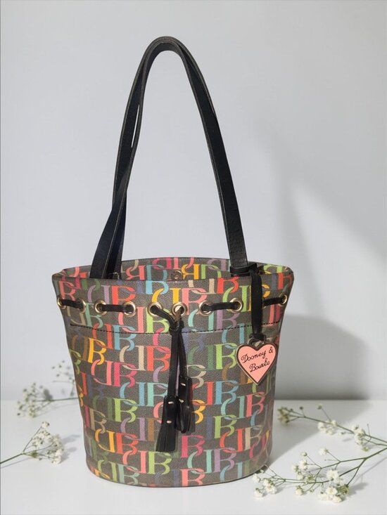 VTG Dooney & Bourke Rainbow Monogram Drawstring Tote B6877932 Black Leather 80s - Picture 9 of 9